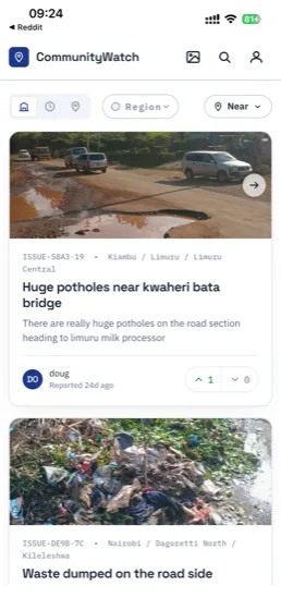 CommunityWatch issues feed showing real reported issues like potholes and waste dumping, with location and status