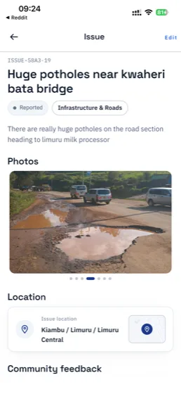 An issue detail screen showing a photo of a pothole, its status, category, and location